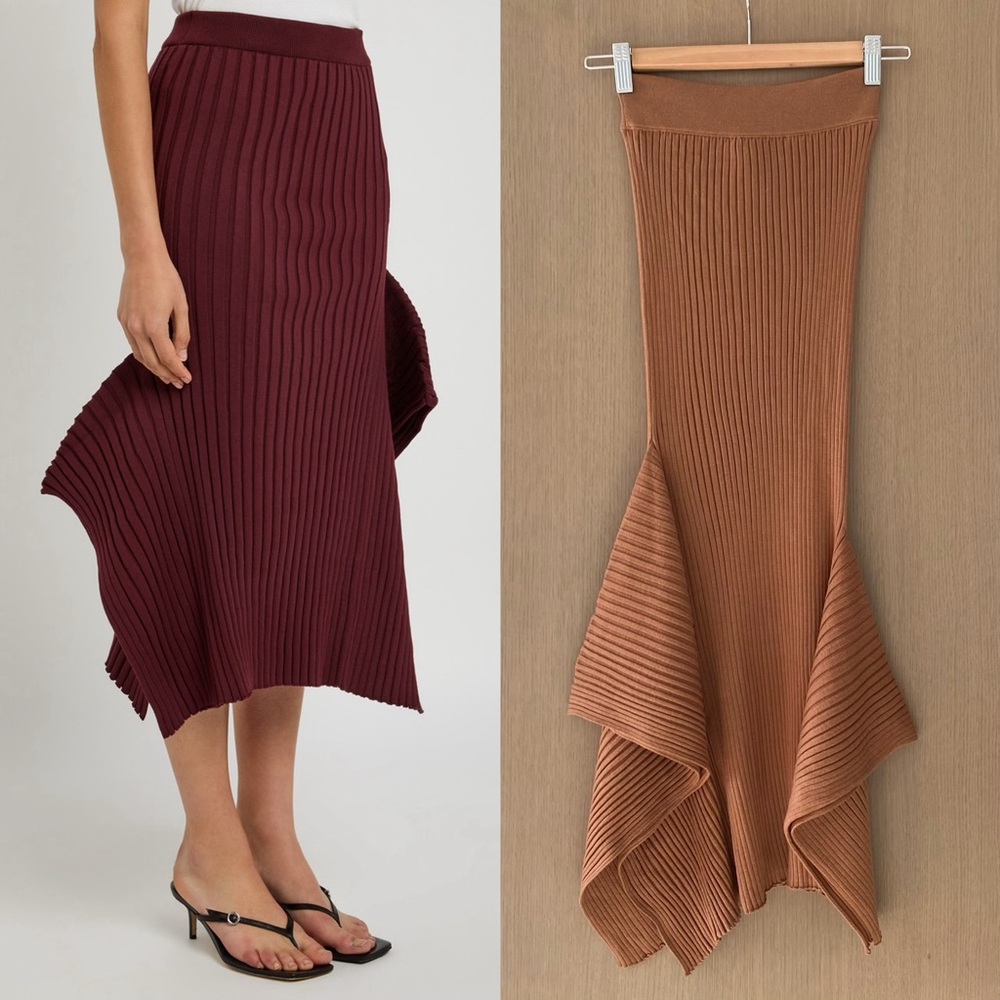 Stella Mccartney Ribbed Asymmetric Knit Midi Skirt camel tan
